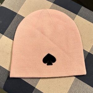 kate spade soft pink knit beanie with black spade patch